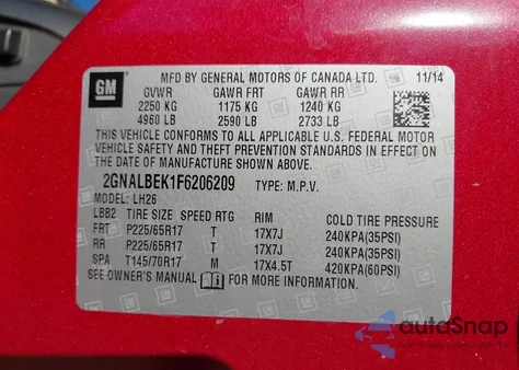 2015 Chevrolet Equinox 1Lt from USA, damaged, VIN 2GNALBEK1F6206209